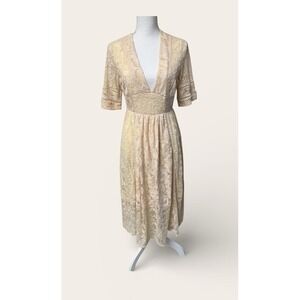 Free People Boho Dress Mountain Laurel Lace Crochet Almond Beige Ivory SZ 2